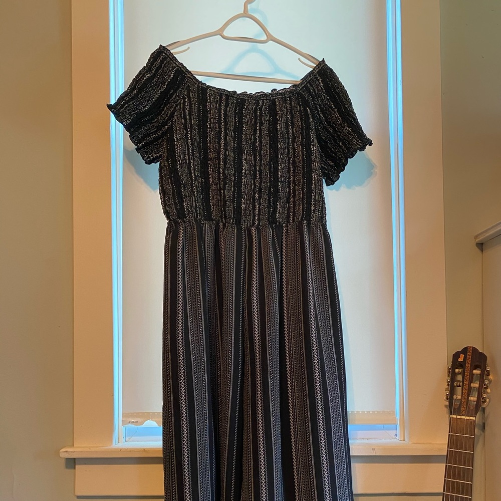 Black + White Off-the-shoulder Wide-leg Jumpsuit.